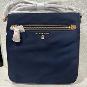 Michael Kors Nylon Kelsey Crossbody Bag in Navy with Tan and Gold Accents
